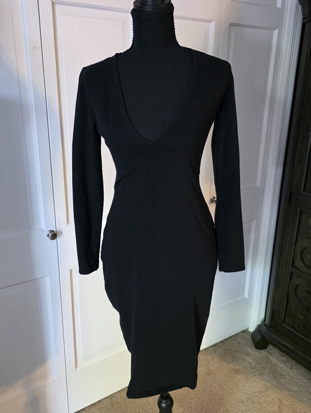 Express Black Bodycon Midi Dress Long Sleeve Deep V Stretchy S–L
